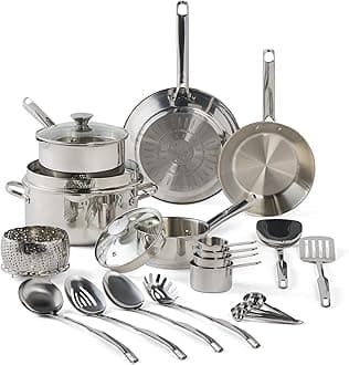 T-fal Gourmet Stainless Steel Cookware Set: 20-Piece Kitchen Essentials, Induction Compatible, Dishwasher Safe, Oven Safe to 500F, Durable Pots and Pans with Steamer for Versatile Cooking