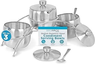 Internet's Best Condiment Serving Bowls with Stand - Set of 3 - Catering Hosting Serving Dish Set with Lids and Spoons - Stainless Steel