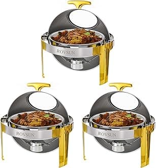 ROVSUN Roll Top Chafing Dishes for Buffet 6QT, Stainless Steel Round Chafing Dish Buffet Set, Buffet Servers and Warmers Set with Glass Window for Weddings Parties Catering Events, Gold