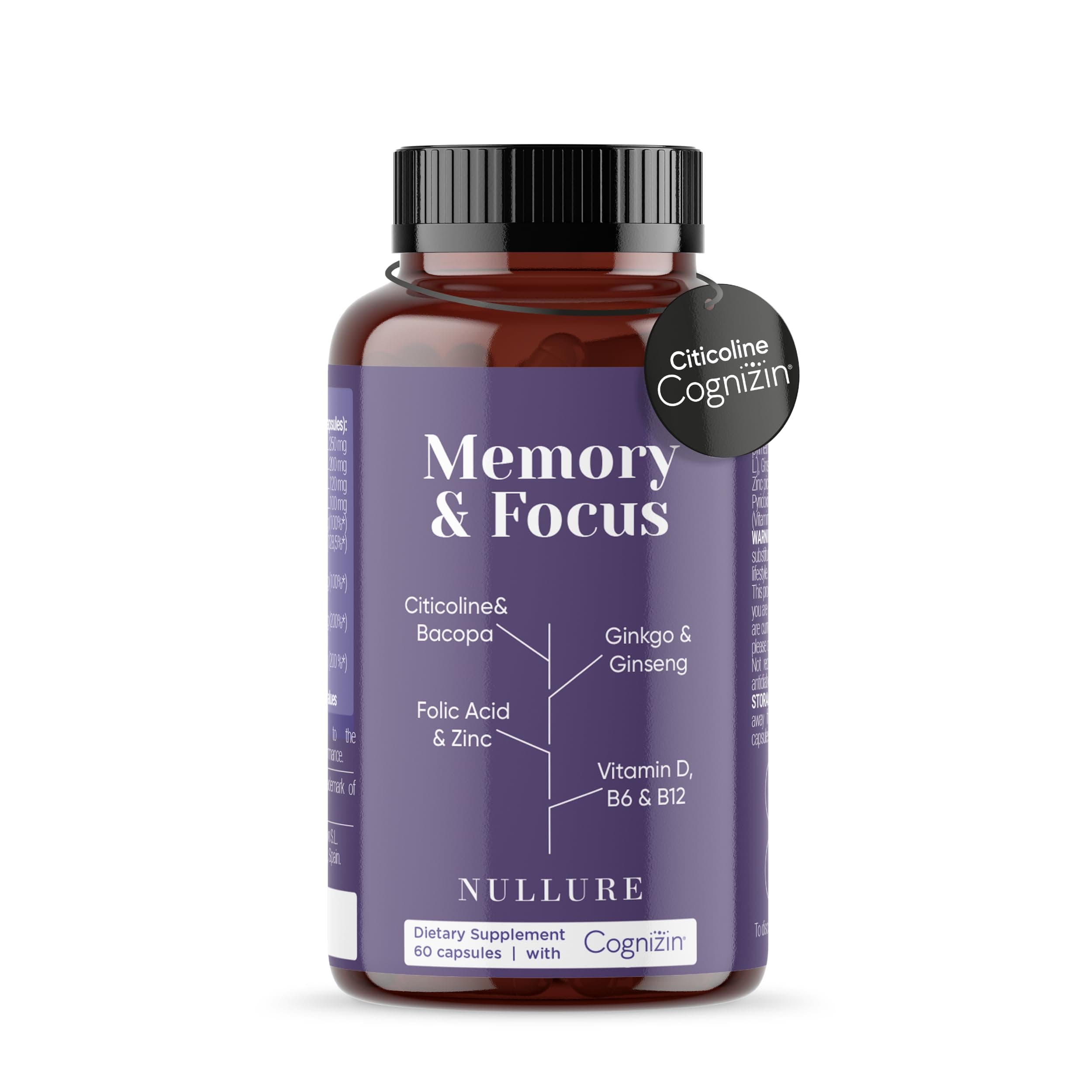 – Memory & Focus | Nootropic Brain Supplement | Concentration · Energy · Focus | Citicolin COGNIZIN + Ginkgo Biloba 6000mg + Bacopa Monnieri + Ginseng | Caffeine Free | 60 Capsules