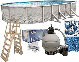 Lake Effect Meadows Reprieve 15フィート x 30フィート 楕円形 地上スイミングプール | 高さ52インチ | バンドルキット | ボルダースワールプールライナー | フレームラダー | ポンプ付きサンドフィルターシステム | スキマー