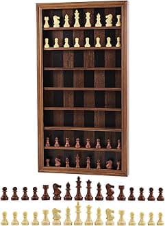 Giant Wall Mounted Board Game Wooden Chess Game Set with A Complete Set of Carved Chess Pieces Vertical Display Cabinet for Home Games Hanging Art Home Decoration (Burnt color)