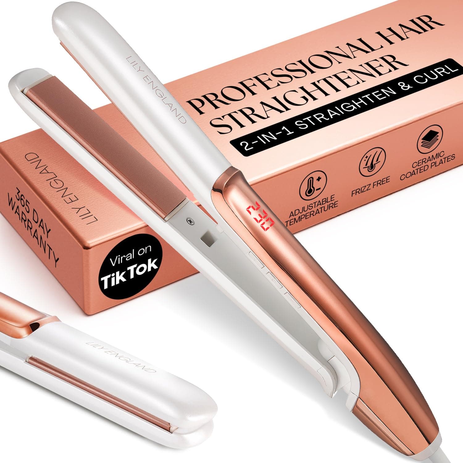 Hair Straighteners for Women - 2-in-1 Ceramic Flat Iron & Curler, Rose Gold Straightener with Adjustable Temp 100-230°C, Fast Heat-Up, Dual Voltage Technology - for Sleek & Shiny Finish