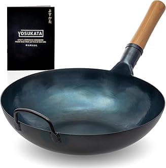 YOSUKATA Flat Bottom Wok - 13.5" Blue Carbon Steel Wok - Presseasoning Carbon Steel Skillet - Traditional Japanese Cookware ...