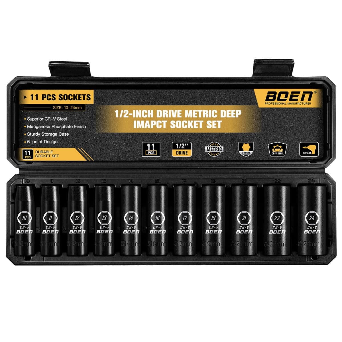 BOEN 1/2" Drive Deep Impact Socket Set, 11 Pieces Socket Set Metric 10-24mm, 6 Point Design, Cr-V Steel, Laser Marking, Durable Storage Case, Meets ANSI Standards