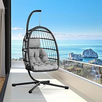 Egg Chair with Stand,Patio Rattan Wicker Hanging Swing Egg Chair Hammock Chair for Bedroom Porch Garden,Thickened Aluminum Alloy Steel Frame and UV Resistant Cushion,350LBS Capacity
