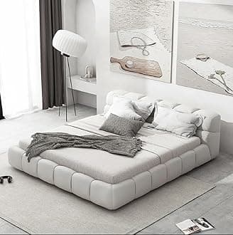 Modern Fabric Upholstered Bed Frame – Queen/King Size with Grey Square Headboard (No Mattress (White, 140x200cm)