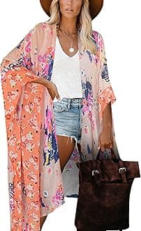 Moss Rose Women's Beach Cover up Swimsuit Kimono Cardigan with Bohemian Floral Print - pink - One Size
