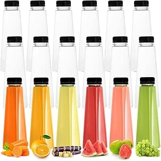 Elsjoy 18 Pack Plastic Juice Bottle, 12 Oz / 350 Ml Clear Beverage Bottle with Black Tamper Evident Caps, Reusable Bulk Drink Containers Portable Water Bottle for Juice, Smoothies, Milk, Pyramid Shape