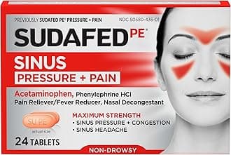 PE Sinus Pressure + Pain Relief Tablets, Maximum Strength, Non-Drowsy, OTC Sinus Relief Medicine with Acetaminophen Pain Reliever & Phenylephrine HCl Nasal Decongestant, 24 ct