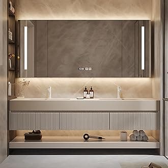 Double Sink Bathroom Vanity - Solid Wood Bathroom Vanity with Smart Defog Mirror Cabinet ＆ Light, Floating Double Sink Cabinet with Abundant Storage Space (60IN)