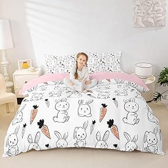 Kawaii Bedding Set, for Kids Girls Cute Cartoon Rabbit Bedding Set, Sketch Carrot Duvet Cover, Kawaii Room Decor, Pink Soft Reversible Comforter Cover Set, Lovely Animal Bedding Comforter, Queen Size