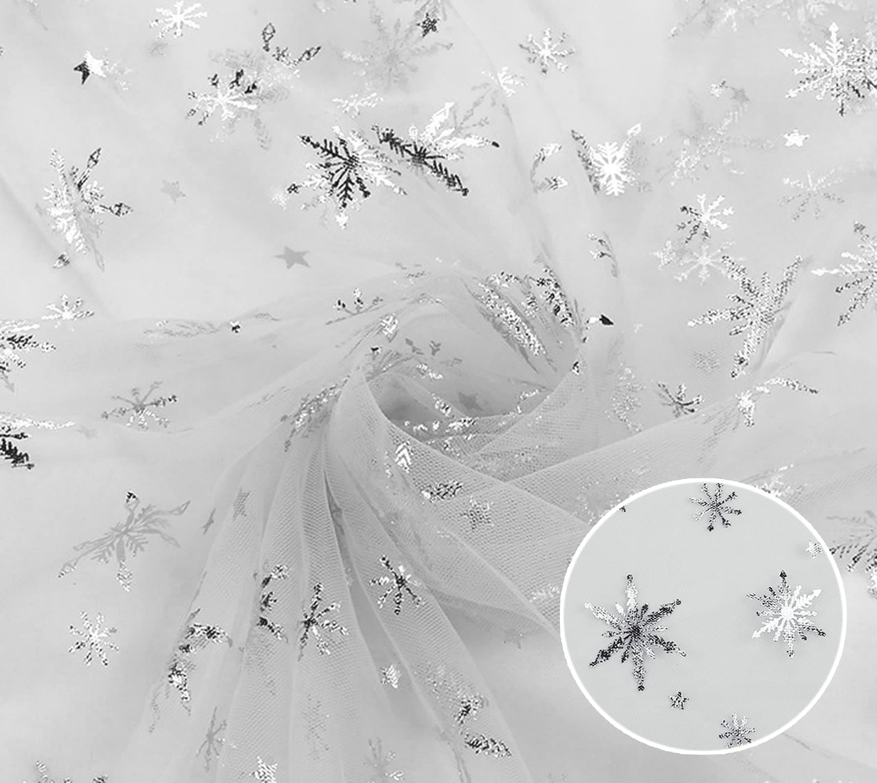 Sheer Fabric, Snowflake Silver Foil Organza Fabric, Snowflake Tablecloth Birthday Party Supplies Party Decorations, Christmas Tree Skirt Christmas Decorations Clearance (59" x 118", White)