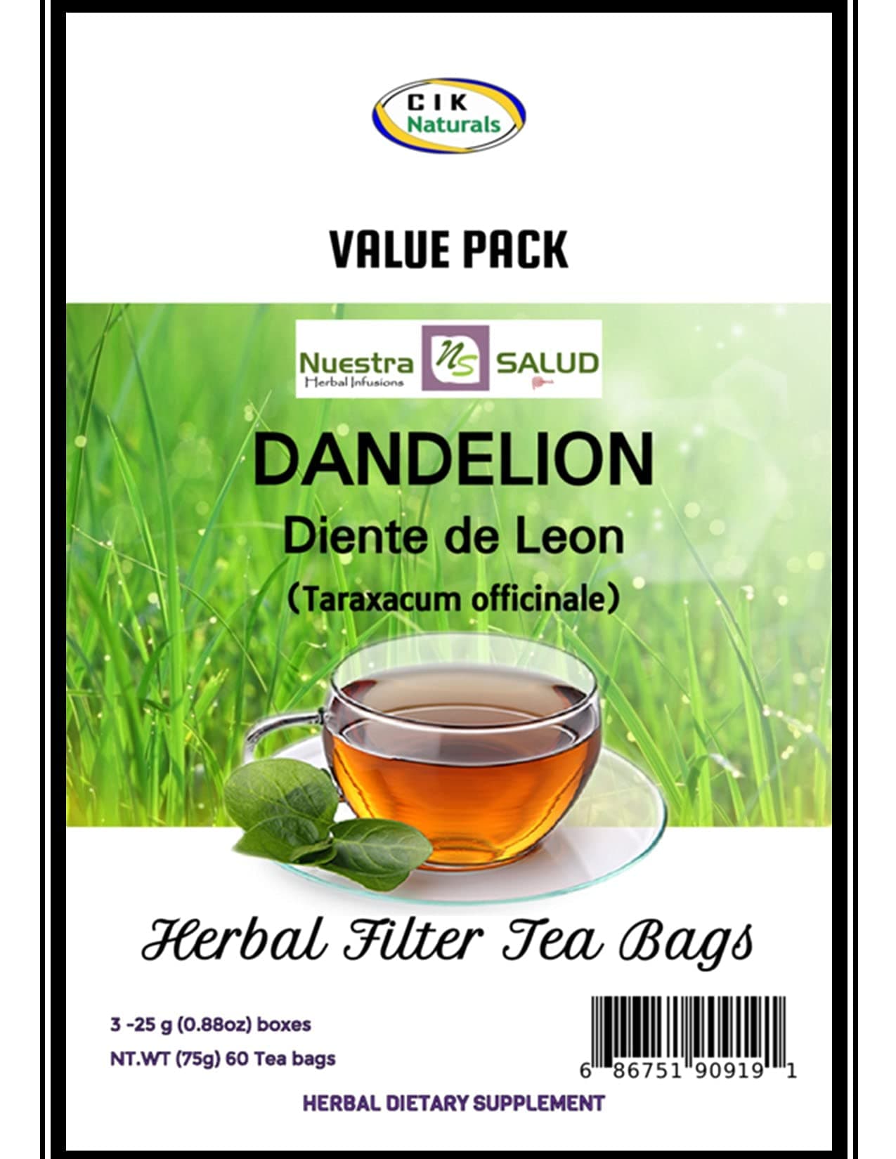 Dandelion Tea Diente de Leon Te (60 tea bags) Value Pack 100% Natural and Caffeine Free
