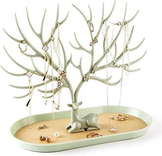 MORE&LESS Jewelry Display Stand with Aluminium alloy handle, Tree Tower Rack Hanging Organizer for Ring Earrings Necklace Bracelet, Deer Horn Tree Stand with Storage Drawer and Tray
