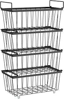 Freezer Organizer Bins - Fits 7 Cu.Ft Chest Freezer, 4 Pack Stackable Wire Baskets(14.7" Length), Heavy Duty Coated Deep Freezer Organizer, Rust Resistant for Frozen Food Sorting, Black