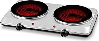 Countertop Infrared Double Burner, 1500W Electric Hot Plate and Portable Stove with 7.5” Ceramic Glass Cooktop, 6 Level Temperature Setting and Easy to Clean Base, Silver BGI202S