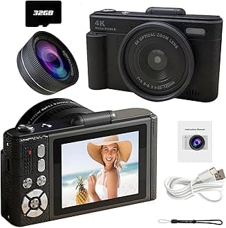 4K Digital Camera for Photography & Vlogging Includes Large Lens, 32G SD Card, 64MP AF Auto Focus, 18X Zoom, 180° Flip Screen with Mirror (Black)