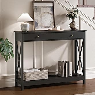 Treocho Black Console Table with Drawer and Storage Shelves, Foyer Sofa Table Narrow for Entryway, Living Room, Hallway