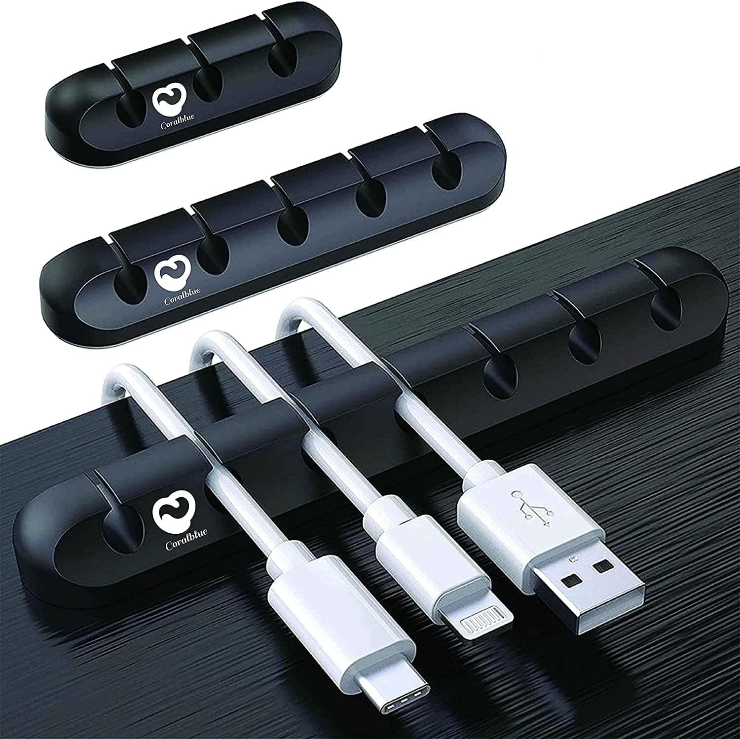 3 Pieces Cable Management Clips for Power Cord USB Cable TV Cable PC Home and Office Desktop Cable (3 5 or 7 Black Cables)(New Model)