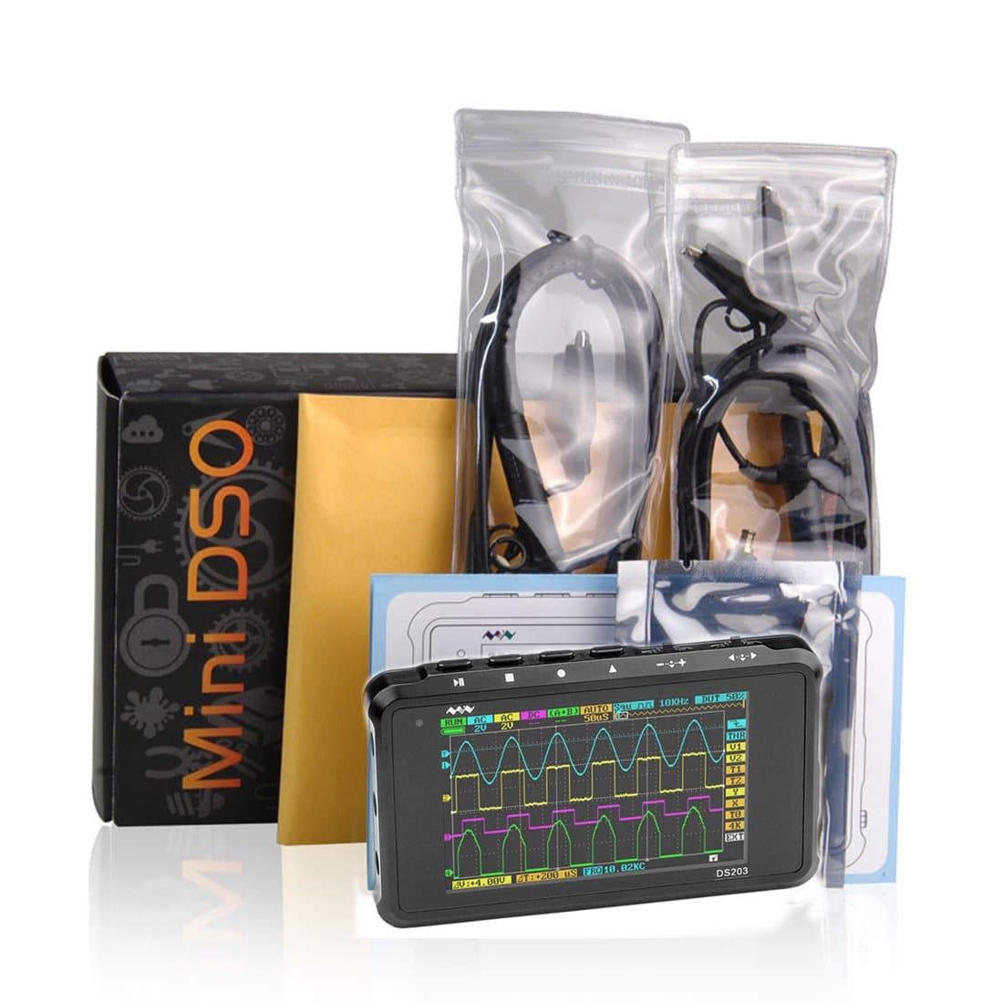 Original Mini DSO Upgrade Version DS203 4 Channel Nano ARM Pocket Size Portable Handheld 3'' LCD Screen Digital Storage Oscilloscope 8MB Memory 8MHz 72Mps 4-CH 1000mAh Lithium Battery Black Metal Case