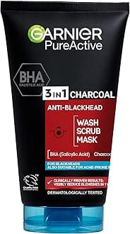 Pure Active 3in1 Charcoal Anti-Blackhead Mask Wash Scrub, for Oily Spot Prone Skin, Enriched with Salicylic Acid to Purify, Unclog Pores and Mattify 150ml