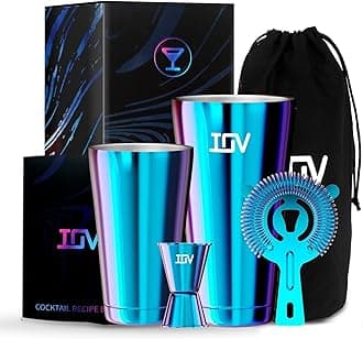 IOV Boston Cocktail Shaker Bar Set, Bartender Kit Drink Mixer Set with 18 oz & 28 oz Boston Shakers, Hawthorne Strainer, Double Jigger, Bar Tool Kit and Recipe Booklet - Rainbow