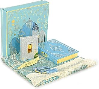 ihvan online Prayer Gift Set for Hajj and Umrah, Muslim Prayer Rug, Prayer Mat, Beads Taasbih, Holy Quran Translated English, Janamaz Salah Mat, Islamic Gift Set for Ramadan & Eid, Blue