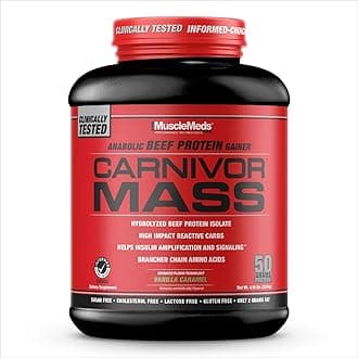CARNIVOR Mass Gainer Beef Protein Isolate Shake, 50 Grams Protein, 125 Grams Carbs, 0 Fat, 0 Sugar, Lactose Free, Vanilla Caramel, 5 Pound