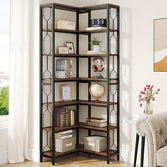 Tribesigns Corner Shelf, 7-Tier Industrial Corner Bookshelf, Wood and Metal Etagere Bookcase, Freestanding Display Shelf for Living Room, Kitchen, Home Office, Rustic Brown