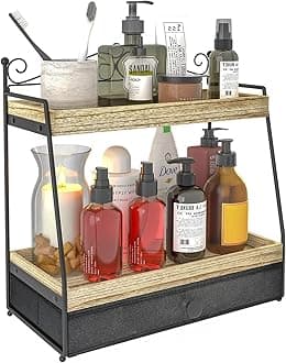 2 Tier Bathroom Countertop Organizer Wood Bathroom Tray for Countertop with PU Leather Drawer，Vanity Shelves Skincare Organizer Makeup Cosmetic Holder Standing Bathroom Trays, Holders, & Organizers