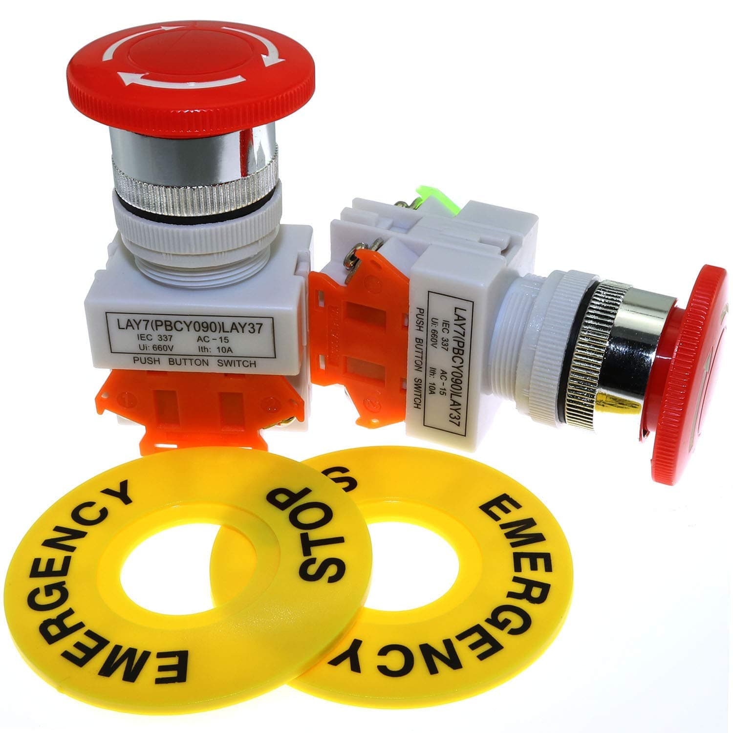 2pcs Emergency Stop Push Button Switch AC 660V 10A Red Mushroom Cap 1NO 1NC DPST Switch Equipment Lift Elevator Latching Self Lock 22mm Mounting Hole LAY37-11ZS