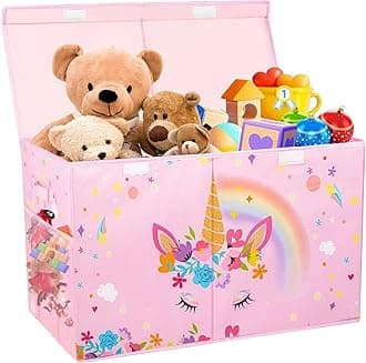Large Toy Box, Collapsible Sturdy Kids Storage Organizer for Boys Girls, 25"x13"x16" Storage Box with Lids, Toy Chest Bins Basket for Living Room, Playroom, Nursery, Pink