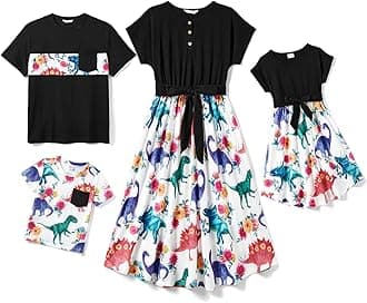 PATPAT Family Matching Outfits Short Sleeve Belted Spliced Pattern Print Dresses and Casual T-Shirts Matching Sets