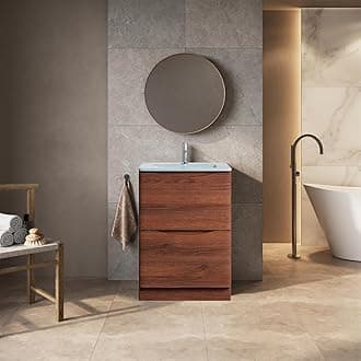 Eaton Redwood 600mm Floor Standing Vanity Unit Inc White Glass Basin Sink Vanity Unit Under Sink Bathroom Cabinet Storage Vanity Sink