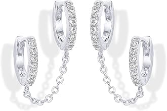 PAVOI 14K Gold Chain Earrings for Women | Double Piercing Dangle Chain Huggie Hoop Earrings | Cubic Zirconia Pearl Stud Ear Cuff Earrings for Women