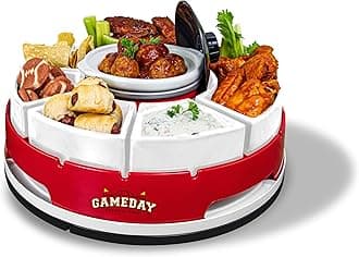Nostalgia Game Day 6 Tray Lazy Susan and 20 Oz Warming Pot Appetizer Server with 4 Single-Sized and 2 Double-Sized Compartements for Chips, Veggies, Wings, Queso, Meatballs, Meatballs, and Chili