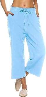 LNX Womens Linen Capri Pants Wide Leg High Waisted Drawstring Casual Cropped Pants with Pockets
