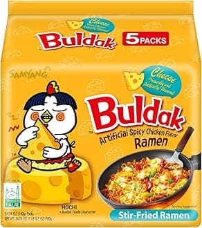 Ramen Korean Noodles Hot / Mild / Stir Fries / Soups (Buldak Cheese, .5Pack), 4.93 Ounce (Pack of 5).