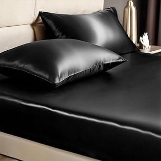 BEDELITE Twin Fitted Sheet Set, Luxury Soft Black Silky Sheet for Hair and Skin, Similar to Silk Bed Sheet Set with 1 Deep Pocket Fitted Sheet and 1 Pillowcase
