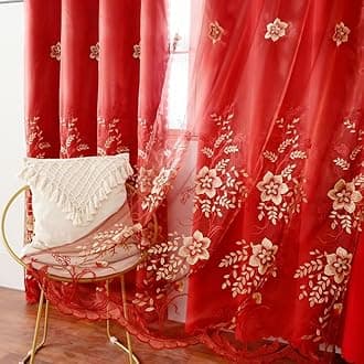 Amidoudou 1 Pair European Double Layer Curtains for Living Room Bedroom Luxury Flower Embroidered Curtains with Valance (Red,52x102 Inch)