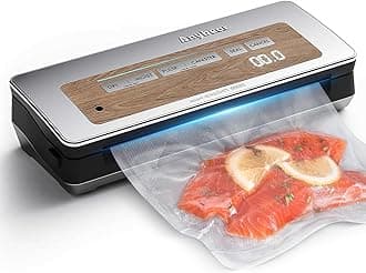 Anybear Vacuum Sealer Machine, 90kPa 120W Wide Seal All-IN-1 Powerful Food Storage, Build-in Cutter | Bags Storage | Digital Countdown Display | 2 Bag Rolls and 5pcs Pre-cut Bags (Silver Wood Grain)