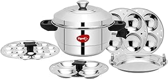 Pigeon Idly Maker Induction and Gastove Compatible 5 Plates, 3 plates (4 cavity), 1 mini idly plate(18 cavity), 1 Steamer(dhokla maker/momo maker), Cool handle, Easy to make steamer cum Idly maker