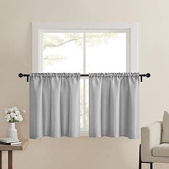 Home Queen Grey Waffle Bathroom Window Curtains, Short Water Repellent Rod Pocket for Small Kitchen Window, 24 W X 24 L Inch Each