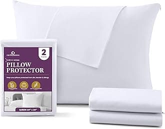 CIRCLESHOME Zippered Pillow Protectors 100% Cotton, Breathable & Quiet (2 Pack) White Pillow Covers Protects from Dirt, Particles s & Debris (Queen - Set of 2 - 20x30)