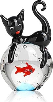 QFkris Blown Glass Black Cat Figurine, 1.6“ Mini Glass Animals Sculpture, Cat and Fish Art Collectible Figurines for Home Decor, Gift for Mom Cat-Lover Birthday