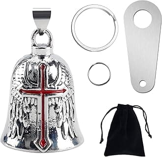 vvag Motorcycle Bell Guardian Angel, Good Luck Biker Bell with Bells Hanger 2 Key Chain Rings and Organizer Bag