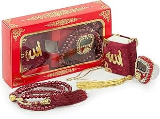 ihvan online Mini Velvet Quran Set with Islamic Finger Counter, Portable Digital Tasbeeh, Muslim Prayer Beads, Pearl Zikirmatic Beads, 3 Pieces Gift Set for Mevlüt (Red)