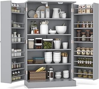 TANGZON Kitchen Cupboard, Kitchen Pantry Cabinet with Doors & Adjustable Shelves, Space Saving Larder Storage Cupboard Organiser for Dining Room Living Room Entryway (Grey, 59 x 30 x 104cm)