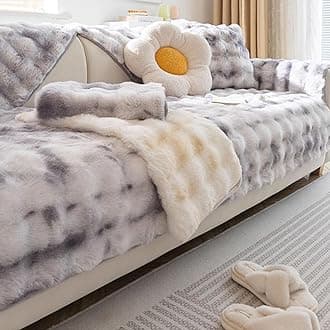 MERRYLIFE Tie Dye Thick Plush Faux Rabbit Fur Sofa Slipcovers 1-Piece Non-Slip Warm Soft Cozy Couch Covers Pillow Covers Furniture Protector(Tie Dye Grey, Sofa Cushion 90 * 210cm)